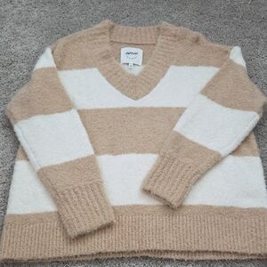 Aerie Fuzzy Knit Sweater in Cream and Tan